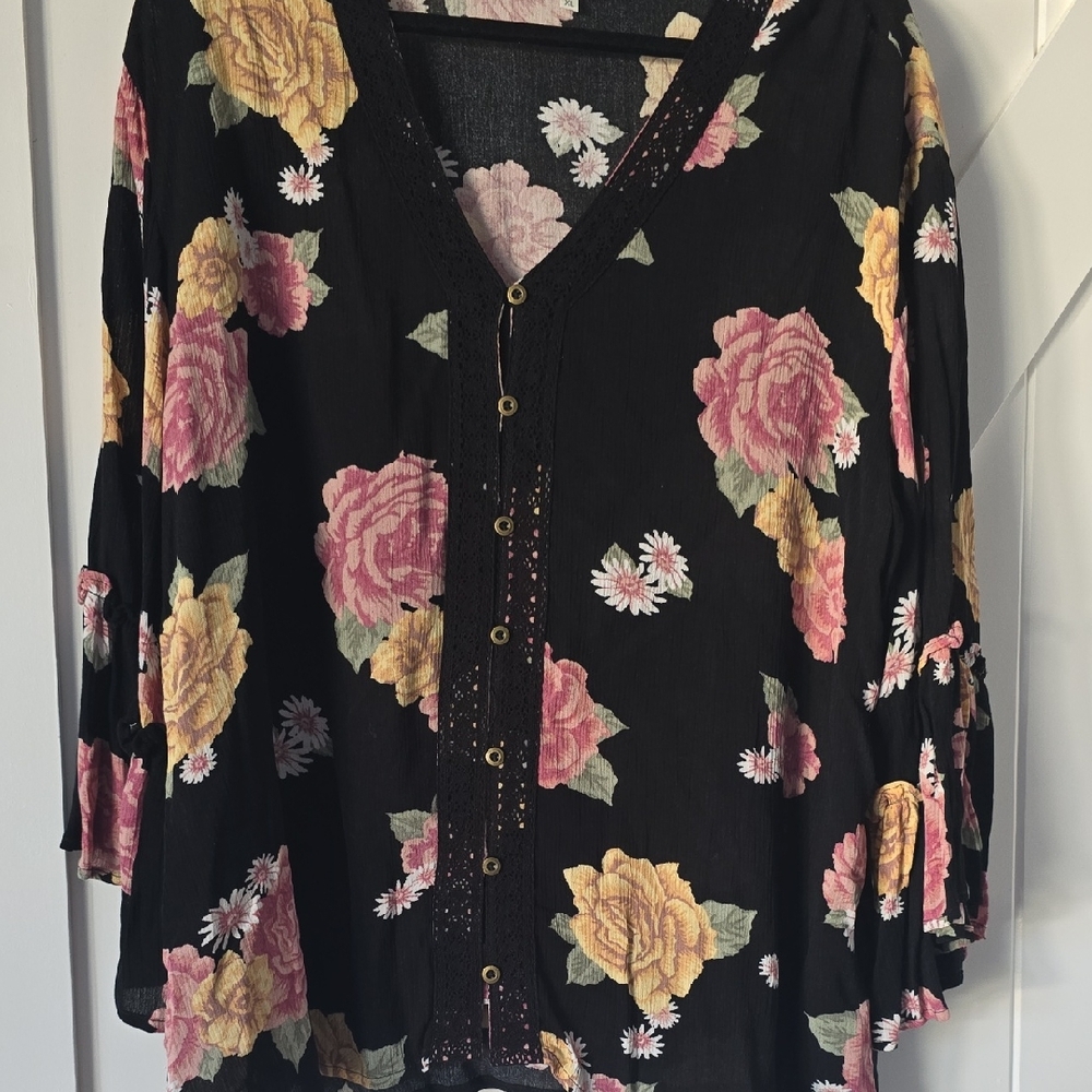 Maurices Black Blouse with Pink and Yellow Floral Design